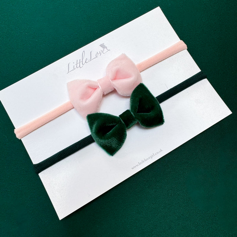 Velvet Baby Bow Headband Set / Pink and Green