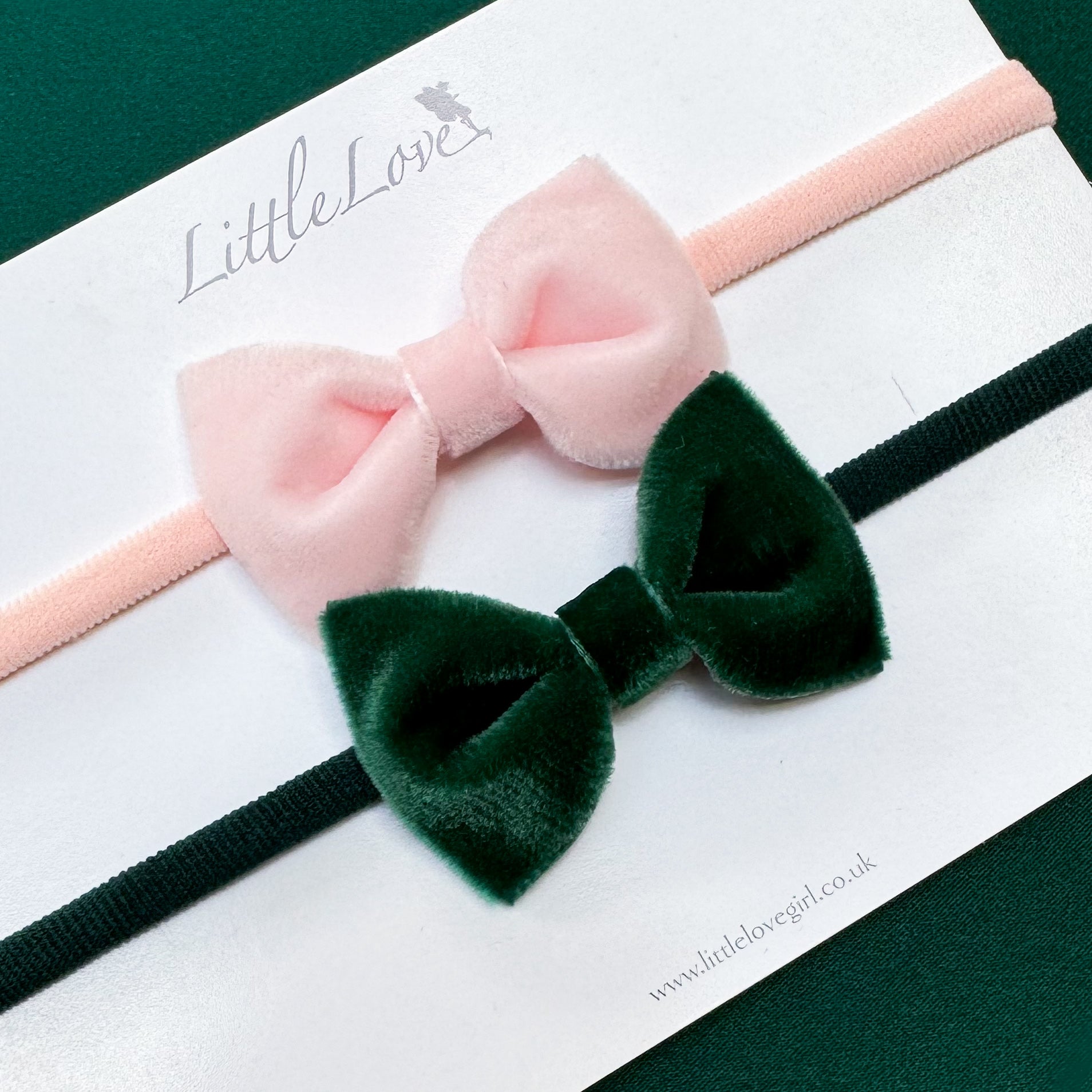 Velvet Baby Bow Headband Set / Pink and Green