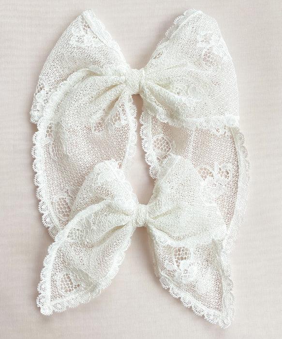 Shop Little Love Luella Frill Lace Hair Bow in Ivory, Luella Lace Bow, Ivory Nottingham Lace Bow Hair Clip, Flower girl bow in Ivory, flower girl bow in lace, cotton bow hair clip, Cotton lace hair bow, ivory lace flower girl bow, Ivory Lace hair bow, Bridesmaid hair bow Ivory, Little girl Lace bow for hair 