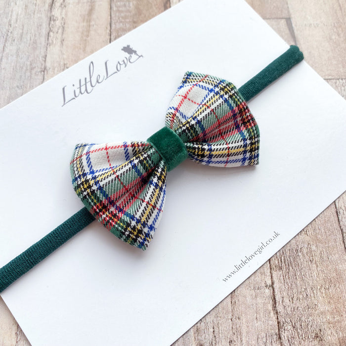 Tartan and Velvet Baby Bow Headband/ Emerald