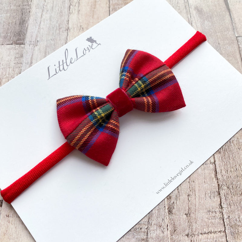 Tartan and Velvet Baby Bow Headband/ Red