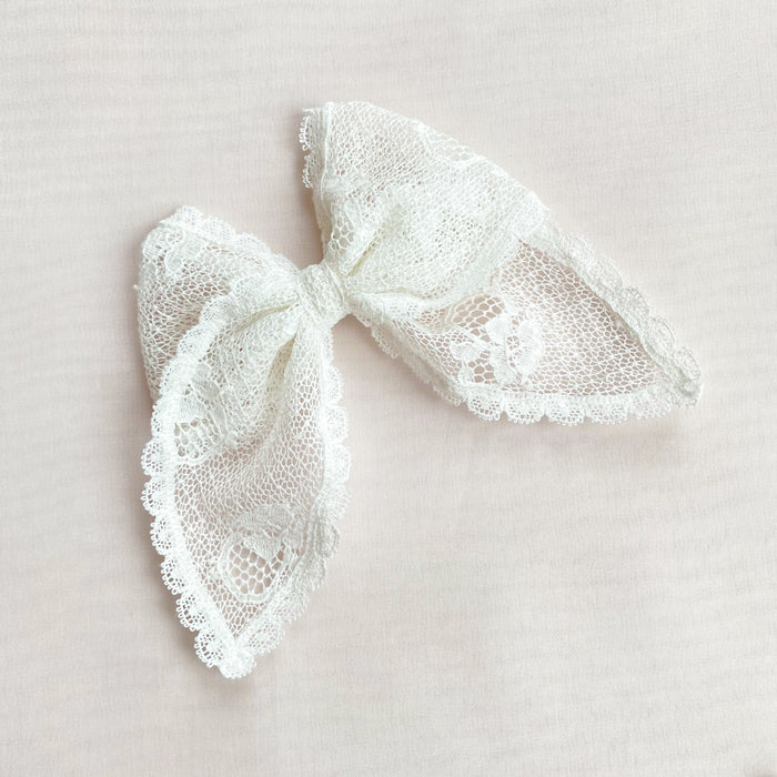 Shop Little Love Luella Frill Lace Hair Bow in Ivory, Luella Lace Bow, Ivory Nottingham Lace Bow Hair Clip, Flower girl bow in Ivory, flower girl bow in lace, cotton bow hair clip, Cotton lace hair bow, ivory lace flower girl bow, Ivory Lace hair bow, Bridesmaid hair bow Ivory, Little girl Lace bow for hair 