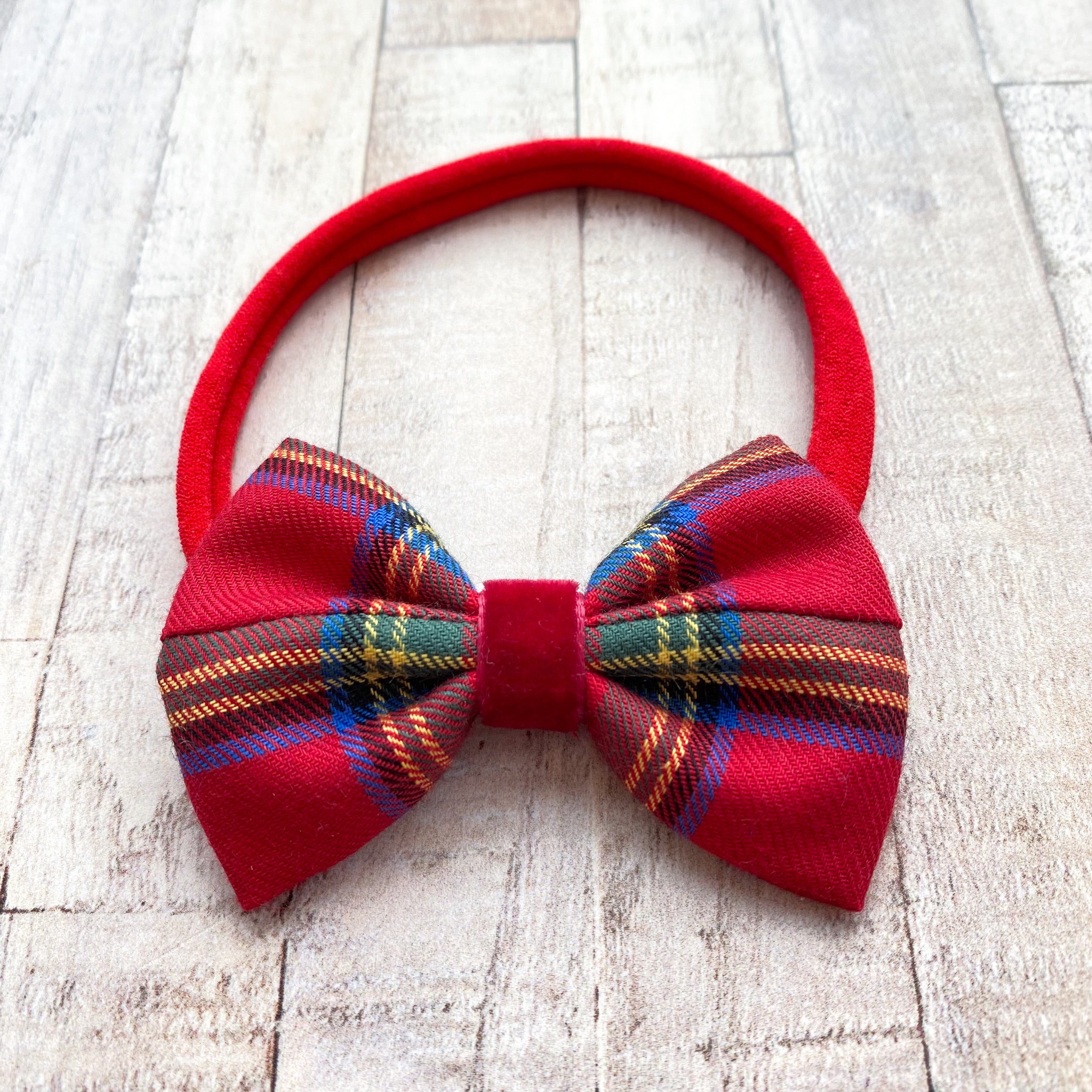 Tartan and Velvet Baby Bow Headband/ Red