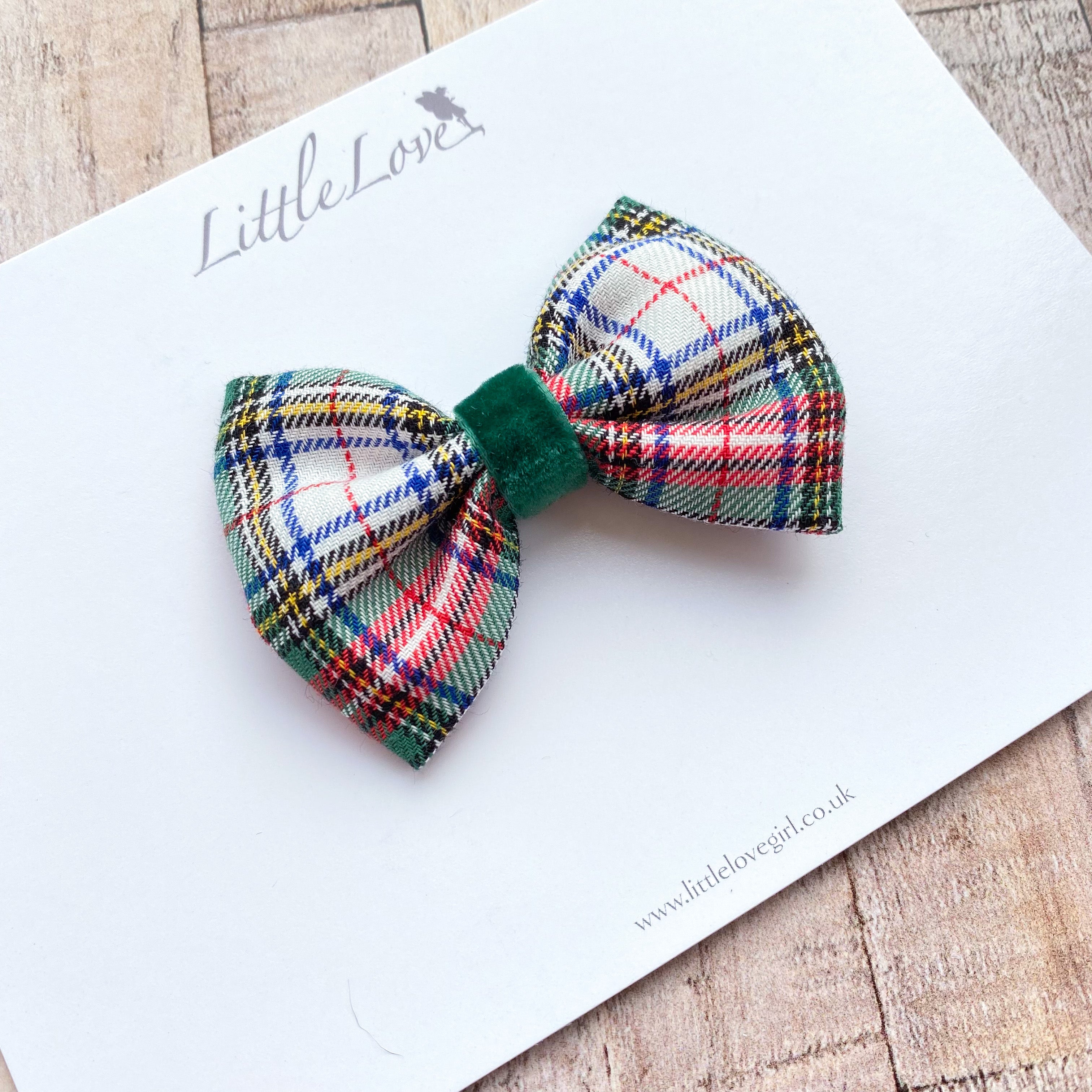 LITTLE Tartan Bow / White & Emerald