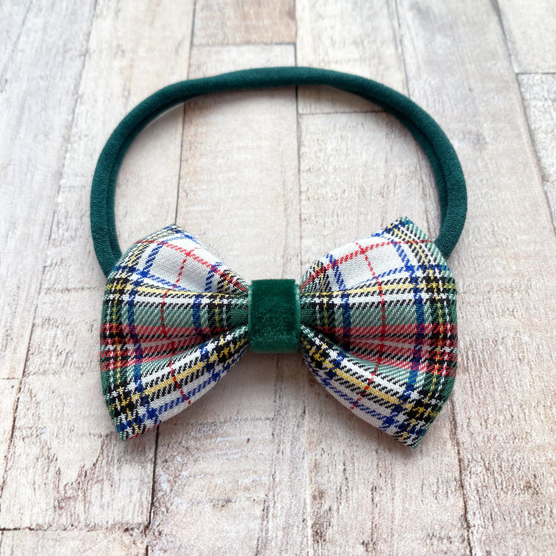 Tartan and Velvet Baby Bow Headband/ Emerald