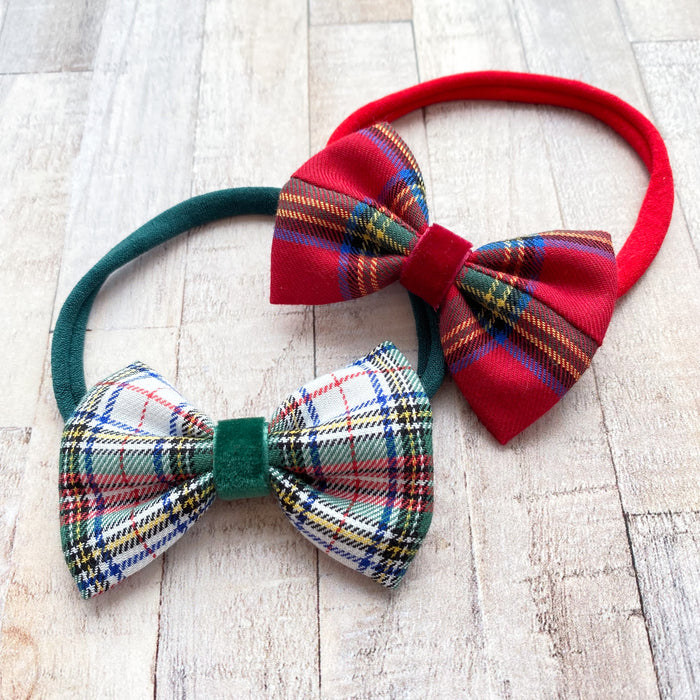 Tartan and Velvet Baby Bow Headband/ Red