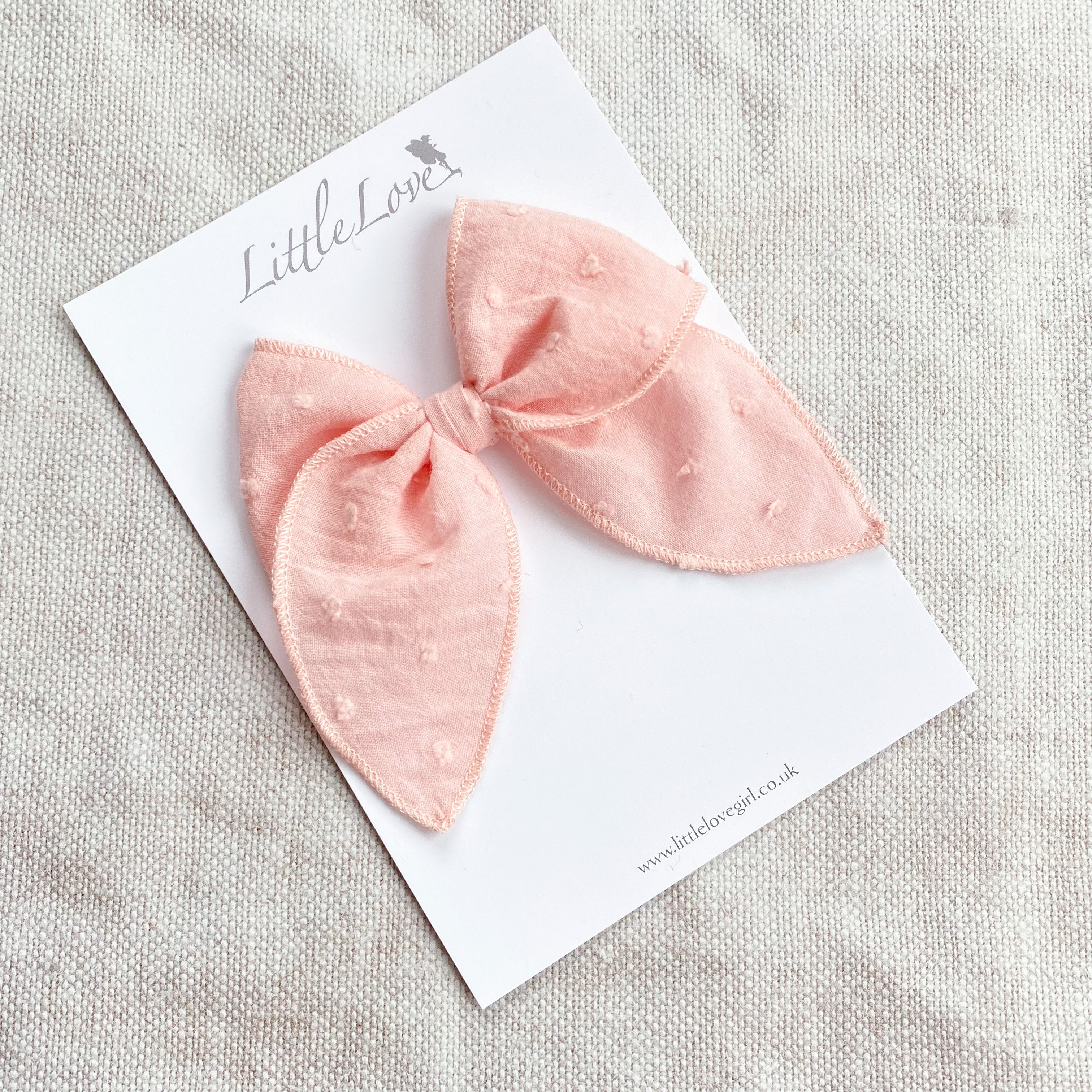 Little Love Pink Swiss Dot cotton bow hair clips for little girls, pink cotton bow hair clips, pink spot cotton floral hair bow, fabric hair clips, little love handmade hair bows, handmade bow hair clips, girls hair bows, handmade hair bow uk, uk hair bow, Swiss dot cotton pink hair bow clip