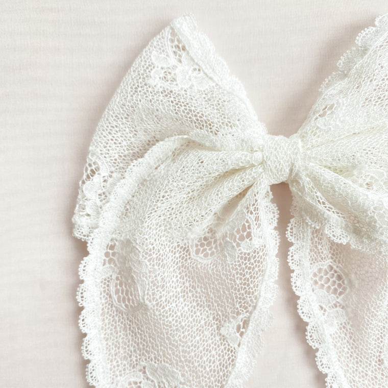 Shop Little Love Luella Frill Lace Hair Bow in Ivory, Luella Lace Bow, Ivory Nottingham Lace Bow Hair Clip, Flower girl bow in Ivory, flower girl bow in lace, cotton bow hair clip, Cotton lace hair bow, ivory lace flower girl bow, Ivory Lace hair bow, Bridesmaid hair bow Ivory, Little girl Lace bow for hair 